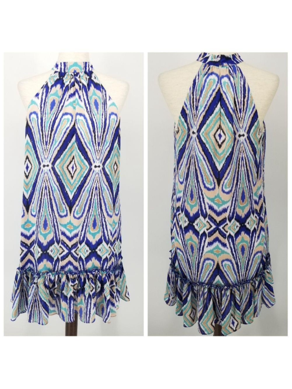 Trina Turk Zuri Halter Dress Medium NWT Peacock Blue Geometric A-Line Lined